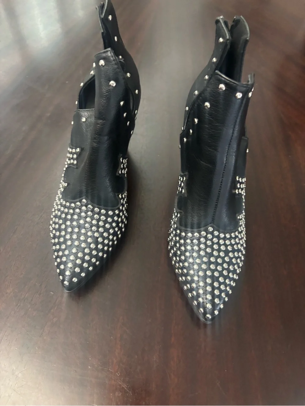 Pink Lily Black Studded Pointed-Toe Ankle Booties